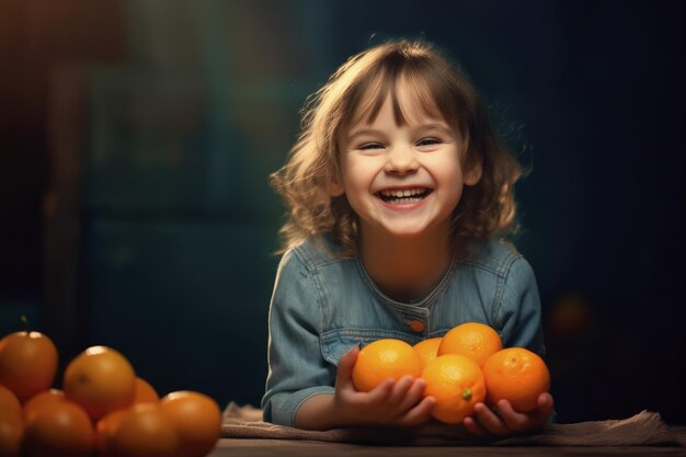 Una bambina che tiene le arance davanti a uno sfondo nero