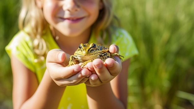 una bambina che tiene una rana tra le mani