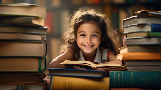 Una bambina circondata da libri si siede davanti a un libro aperto e sorride Creato con la tecnologia dell'IA generativa