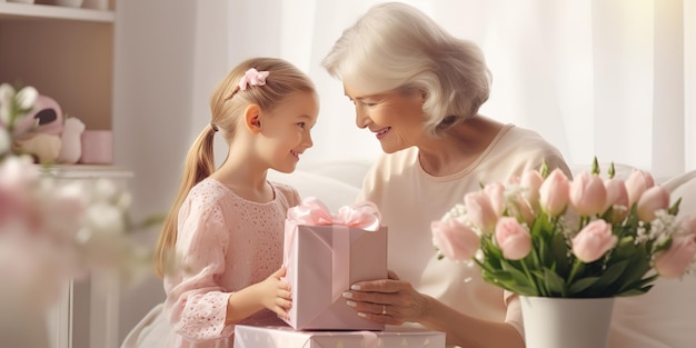 Una bambina con dei fiori fa una sorpresa alla nonna augurandole buon compleanno