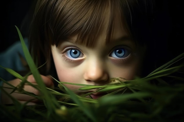 Una bambina con gli occhi azzurri e un'erba verde in bocca.