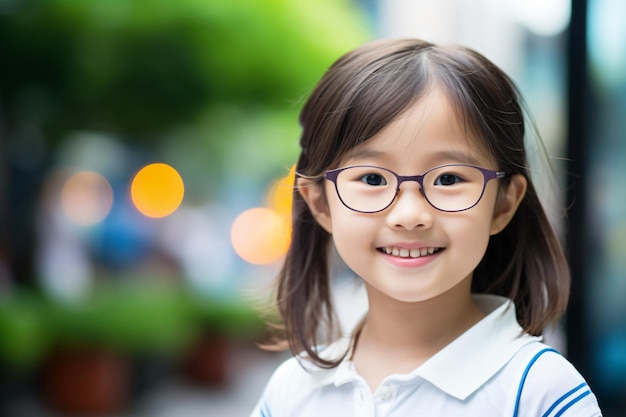 una bambina con gli occhiali e sorridente