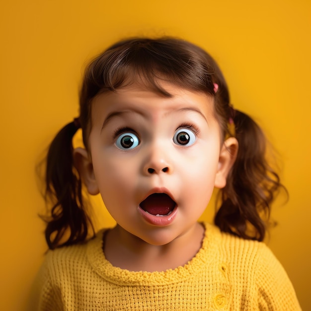 Una bambina con i capelli castani e un maglione giallo sta guardando la telecamera.