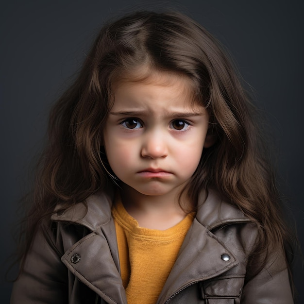 una bambina con i capelli lunghi in una giacca di pelle