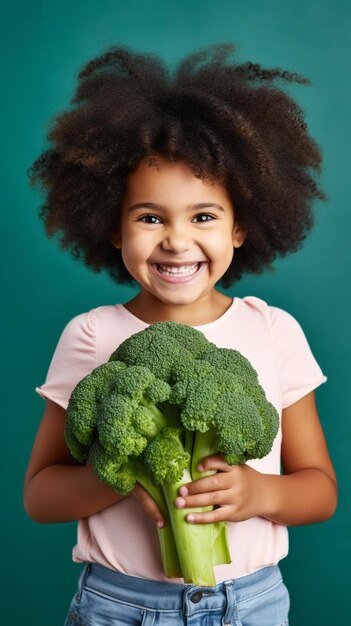 una bambina con in mano un mazzo di broccoli