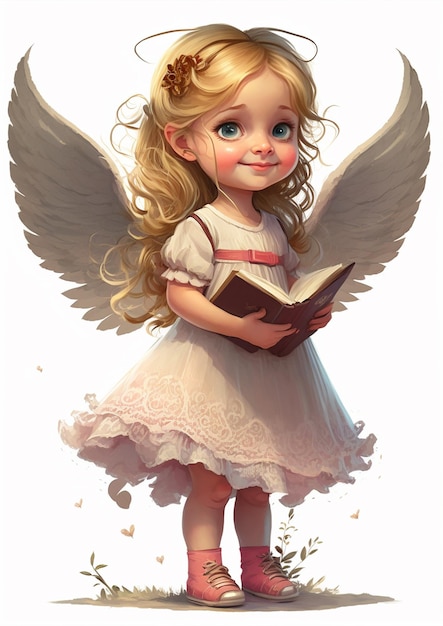 Una bambina con le ali che legge un libro