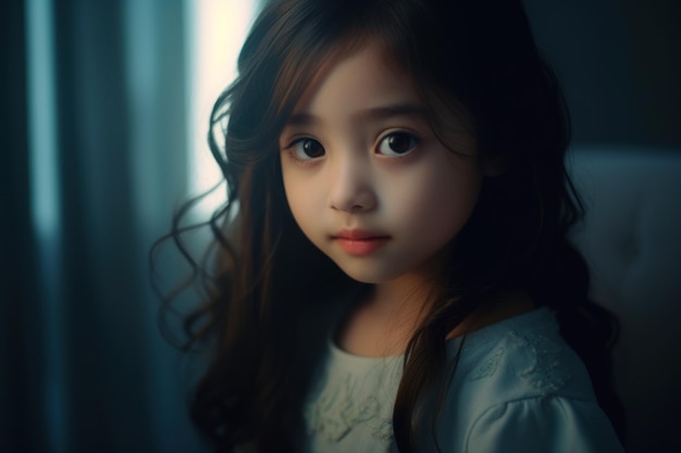 Una bambina con lunghi capelli castani e un vestito blu