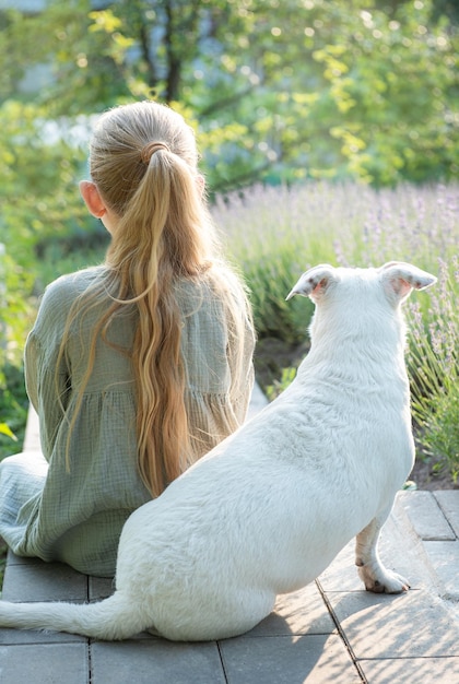 Una bambina con un cane bianco si siede e ammira il campo di lavanda