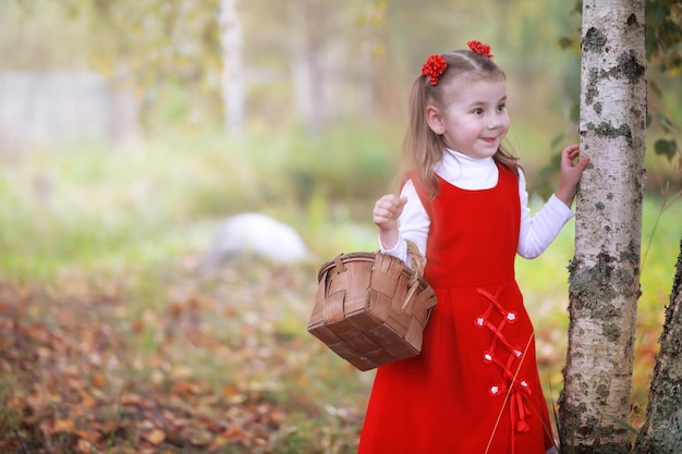 Una bambina con un cappello rosso e vestiti sta camminando nel parco. Cosplay per l'eroe delle fiabe "Cappuccetto Rosso"