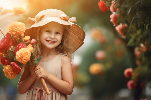 Una bambina con un cappello tiene in mano un mazzo di fiori.