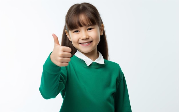 Una bambina con un cartello con il pollice alzato che dice "pollice alzato".