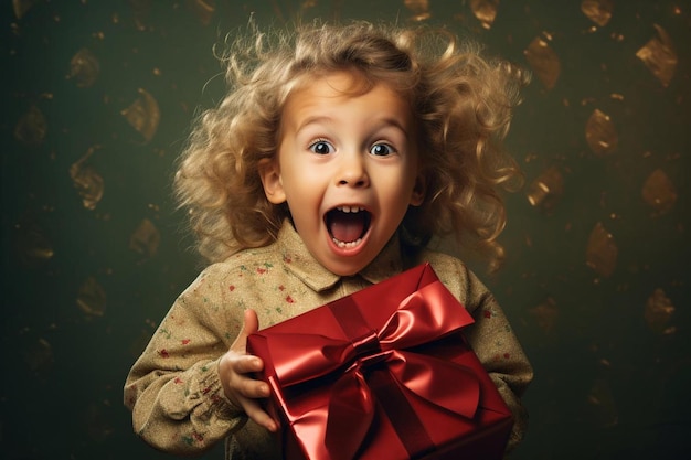 Una bambina con un fiocco rosso tra le mani tiene in mano un regalo rosso.