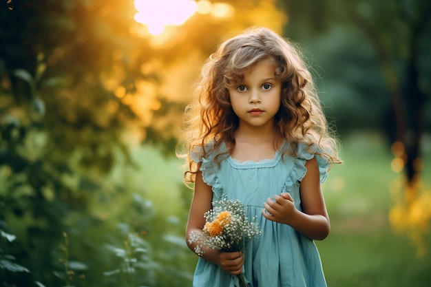 Una bambina con un mazzo di fiori