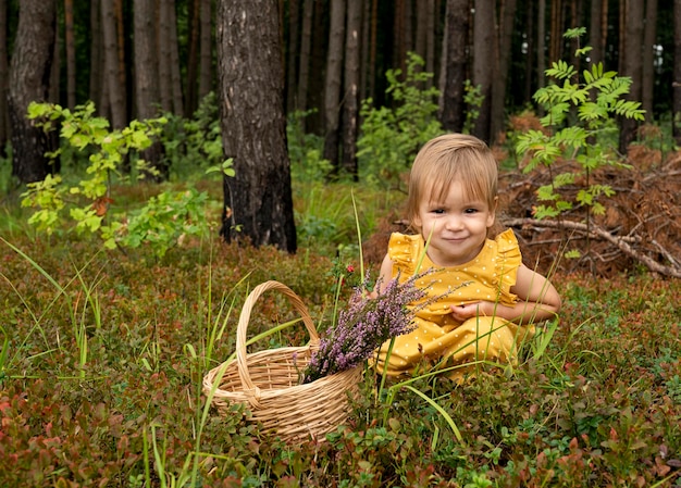 Una bambina con un vestito giallo raccoglie bacche e fiori di erica nella foresta