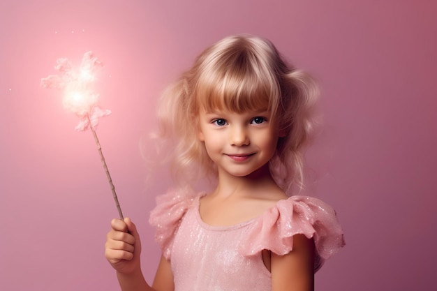 Una bambina con un vestito rosa tiene in mano una scintilla.