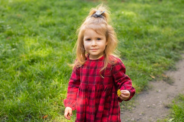 Una bambina con un vestito rosso a scacchi sul prato