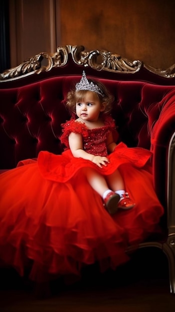 Una bambina con un vestito rosso si siede su una sedia rossa.