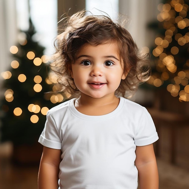 Una bambina con una camicia bianca che dice un sorriso felice.