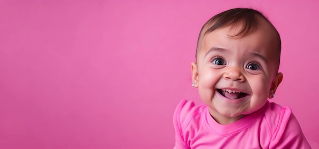 Una bambina con una camicia rosa isolato sfondo rosa banner pubblicitario copia spazio