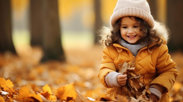 una bambina con una giacca gialla che tiene in mano una foglia