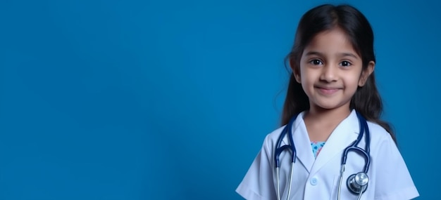 Una bambina con uno stetoscopio sul collo indossa un camice bianco