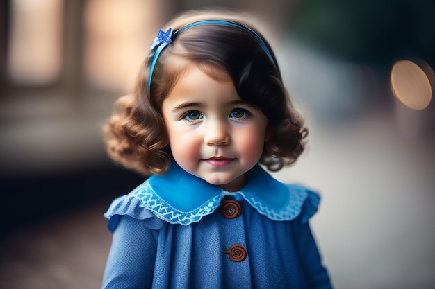 Una bambina con vestito blu e fiocco blu in testa