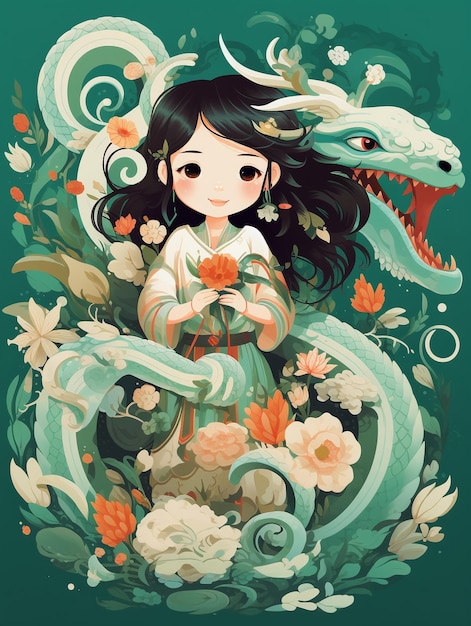 Una bambina dai capelli lunghi con il drago