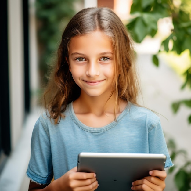 Una bambina di 9 anni che usa un tablet