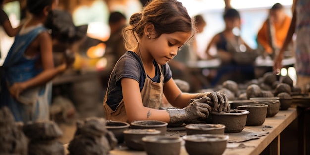 Una bambina di 9 anni esplora l'arte della lavorazione della ceramica in un laboratorio creativo modellando l'argilla in splendidi capolavori AI Generative AI