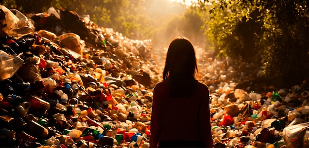 Una bambina di fronte a una discarica piena di rifiuti di plastica per il concetto di povertà e inquinamento