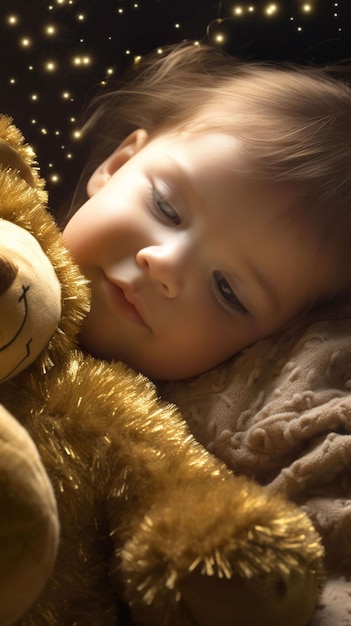 Una bambina dorme con il suo orsacchiotto.