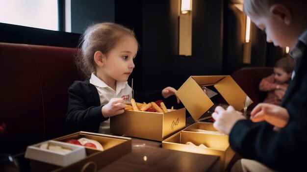 Una bambina è seduta a un tavolo con davanti una scatola di patatine fritte.