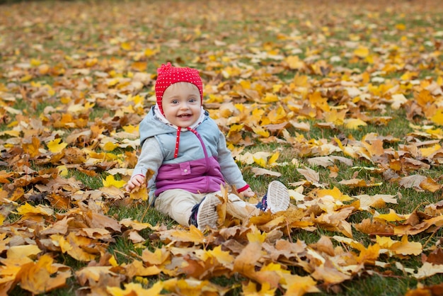 Una bambina è seduta su un prato in un parco in autunno fogliame giallo