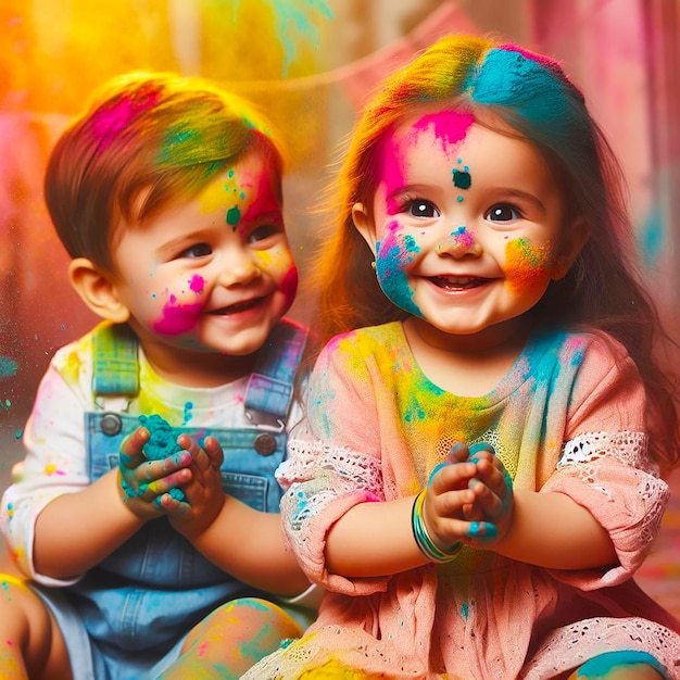 Una bambina e un ragazzo giocano con la polvere multicolore nella festa di Holi Sorella e fratello giocano