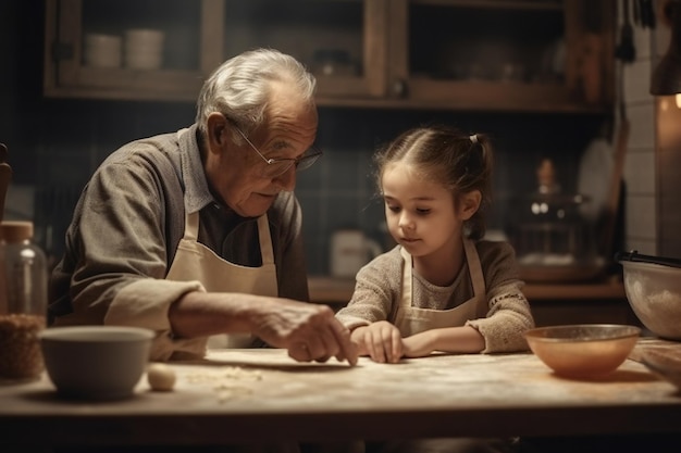 Una bambina e un vecchio stanno cucinando in una cucina.