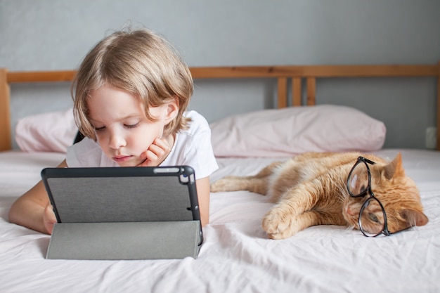 Una bambina fa i compiti online accanto a lei giace un grasso gatto zenzero con gli occhiali comunicazione