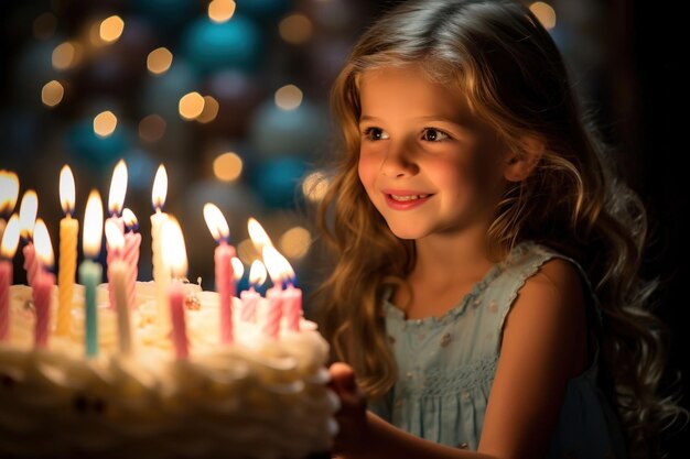 Una bambina felice che celebra il suo compleanno circondata da una torta adornata da candele accese
