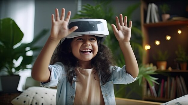 una bambina felice che saluta un pubblico virtuale durante una video-call online il suo sorriso luminoso che illumina lo schermo