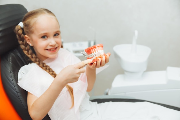 Una bambina felice sta studiando l'anatomia dei denti umani tenendo un modello di denti nelle sue mani nella protesi dentale dell'ufficio del dentista