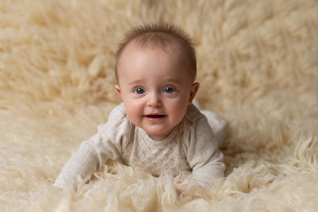 Una bambina giace su uno sfondo di pelliccia beige e sorride Le emozioni dei bambini