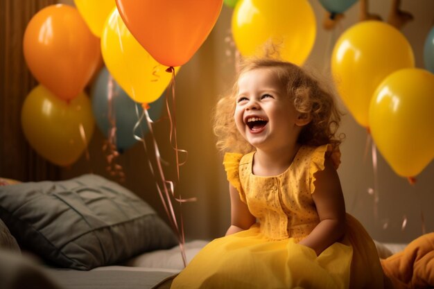 Una bambina gioca con palloncini a tema Halloween in una stanza con un morbido sfondo giallo pastello