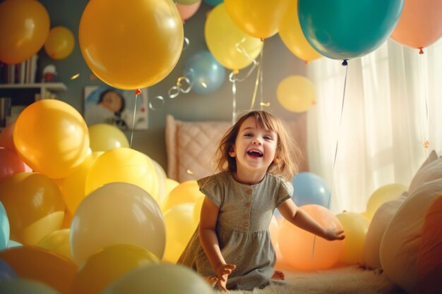 Una bambina gioca con palloncini a tema Halloween in una stanza con un morbido sfondo giallo pastello