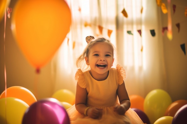 Una bambina gioca con palloncini a tema Halloween in una stanza con un morbido sfondo giallo pastello