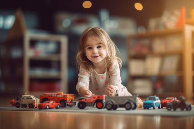 Una bambina gioca con un camion giocattolo sul pavimento.