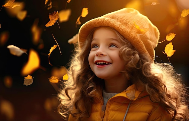 una bambina giocosa in autunno che gioca con le foglie gialle nello stile dell'arancio scuro e del gol chiaro