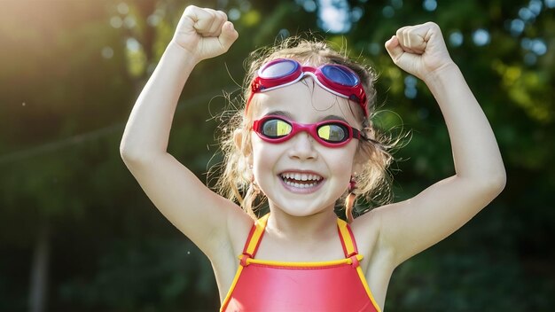 Una bambina gioiosa alza i pugni chiusi, si rallegra di nuotare bene, indossa occhiali da sole.