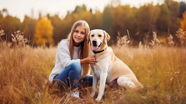 Una bambina gioiosa in natura con il suo cane da compagnia un Labrador Retriever Foto di IA generativa di alta qualità