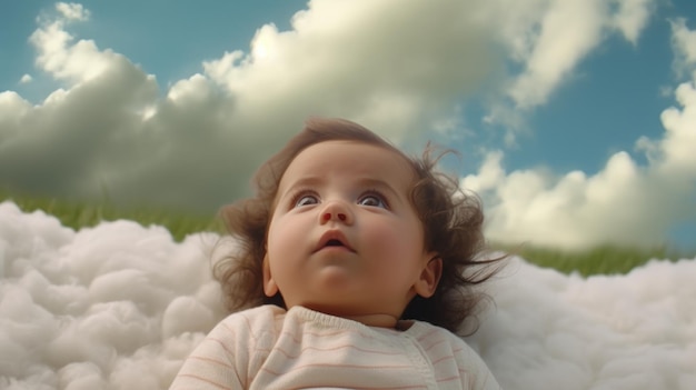 Una bambina guarda il cielo in un campo di erba.