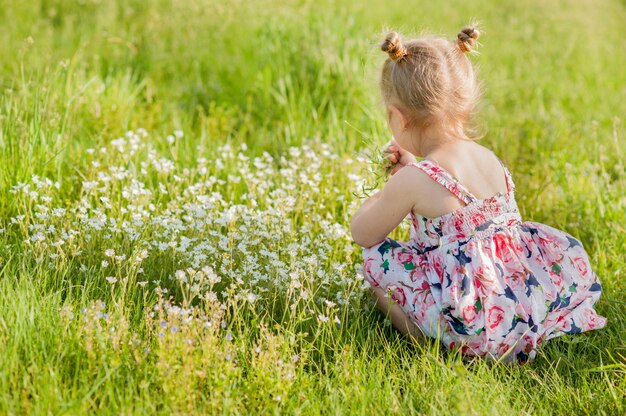 Una bambina in abito estivo con trecce in un campo verde di erba estiva con fiori