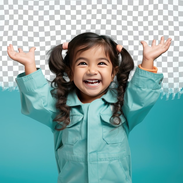 Una bambina in età prescolare estatica con i capelli lunghi dell'etnia del sud-est asiatico, vestita con abiti da ingegnere chimico, posa in stile Primo piano delle mani su uno sfondo color menta pastello